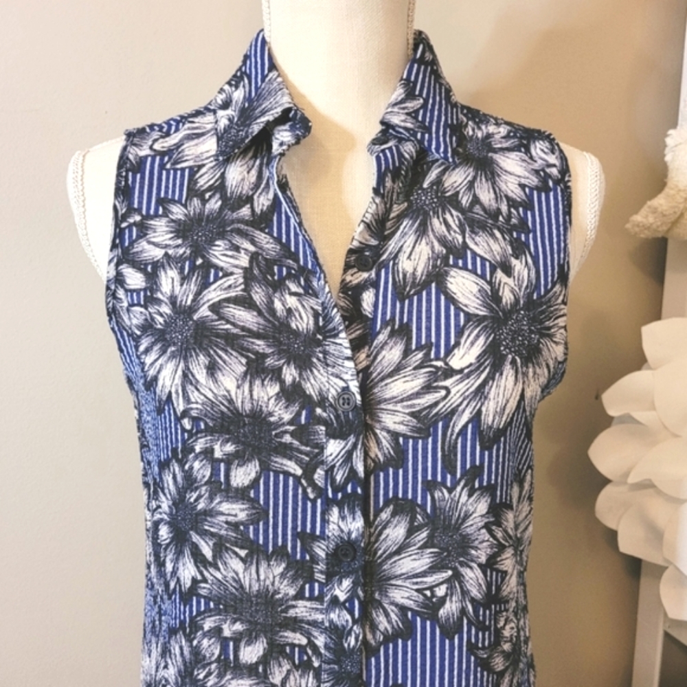 Button down sleeveless floral collared long length tunic blouse / dress - Picture 2 of 8